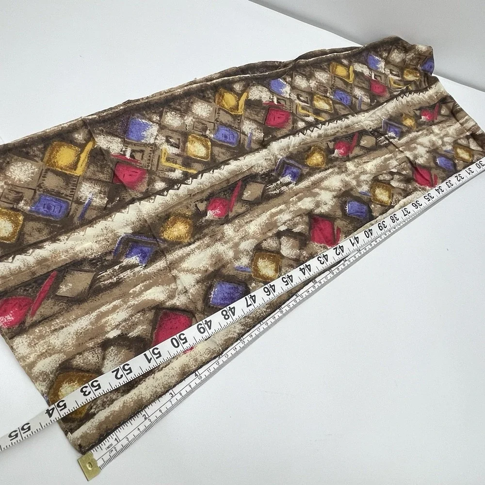 Vintage 80s Oblong Scarf 100% Silk Geometric‎ Pattern Brown Pink Purple Korea